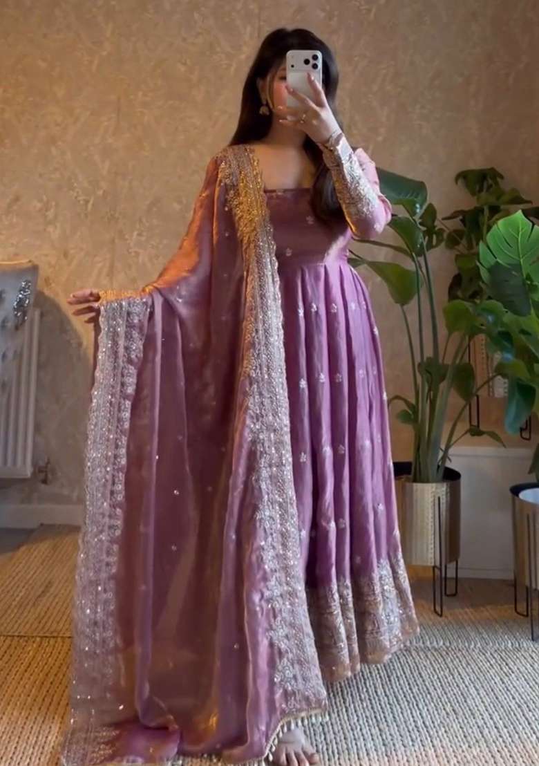 Lavender Embroidery Silk Gown Set - Indya