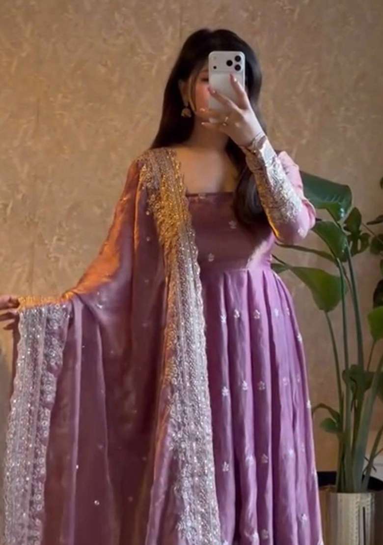 Lavender Embroidery Silk Gown Set - Indya