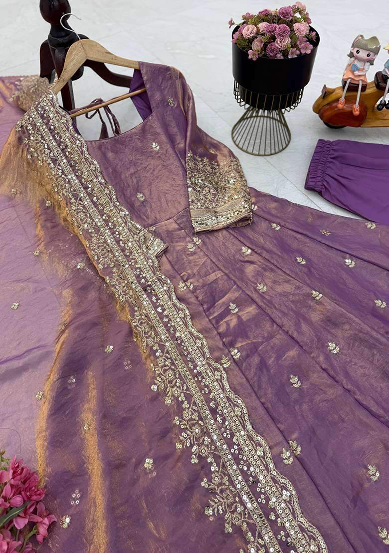 Lavender Embroidery Silk Gown Set - Indya