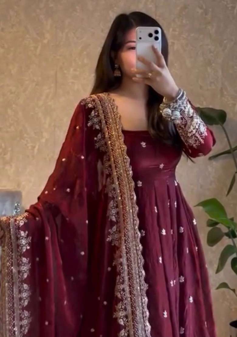 Maroon Embroidery Silk Gown Set - Indya