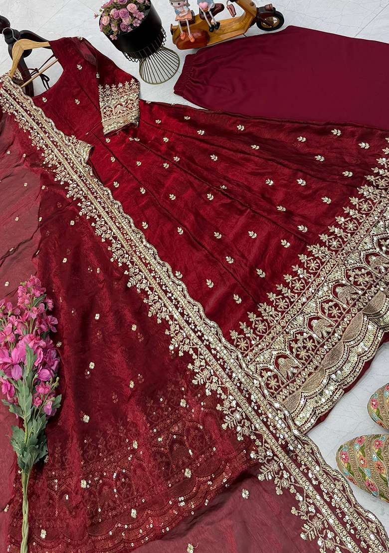 Maroon Embroidery Silk Gown Set - Indya