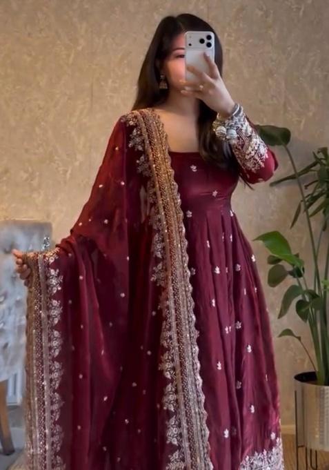 Maroon Embroidery Silk Gown Set
