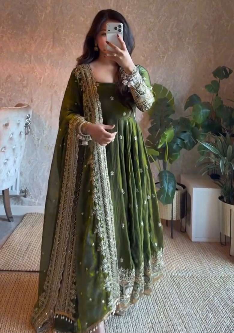 Green Embroidery Silk Gown Set - Indya