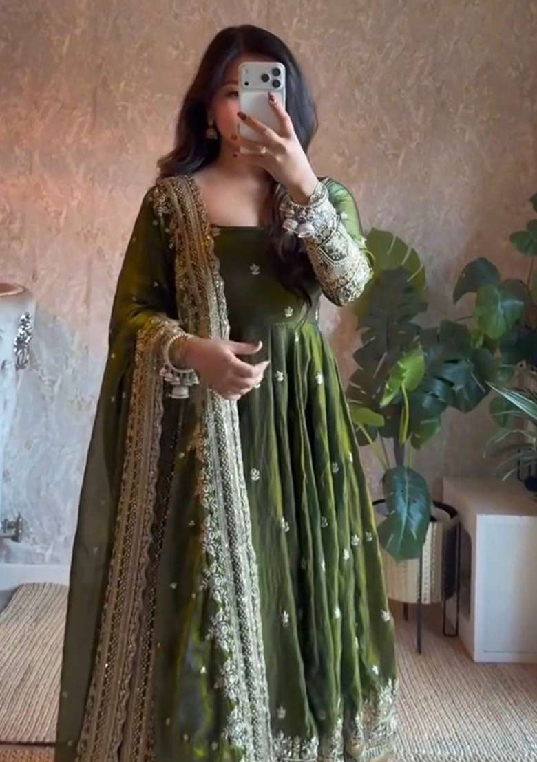 Green Embroidery Silk Gown Set - Indya