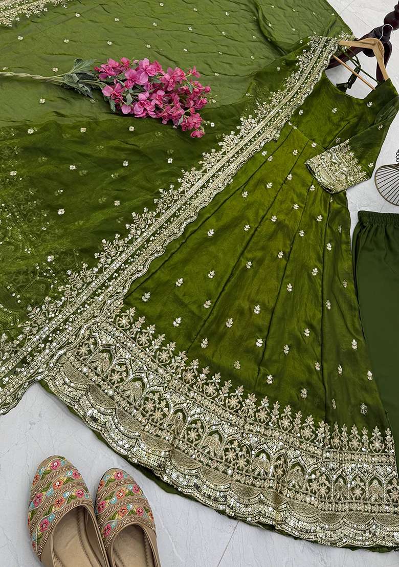 Green Embroidery Silk Gown Set - Indya