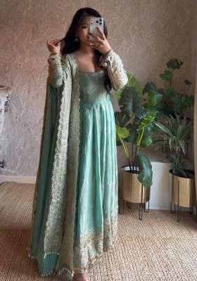 Sky Blue Embroidery Silk Gown Set