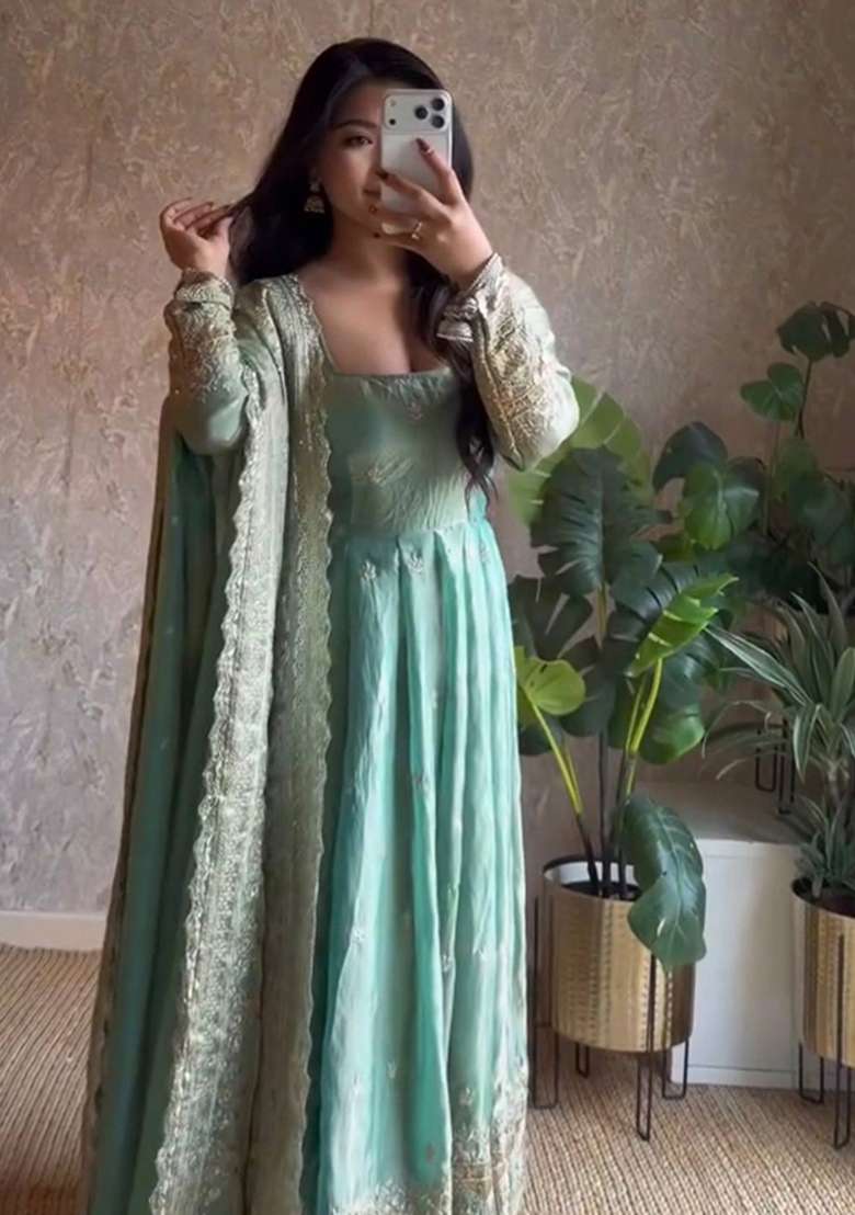 Sky Blue Embroidery Silk Gown Set - Indya