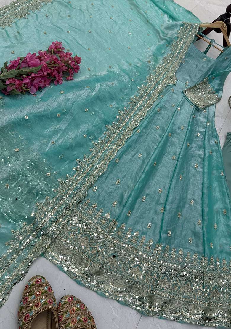 Sky Blue Embroidery Silk Gown Set - Indya