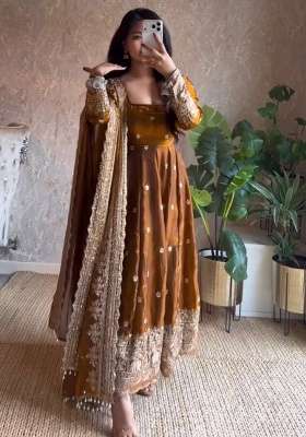 Mustard Embroidery Silk Gown Set