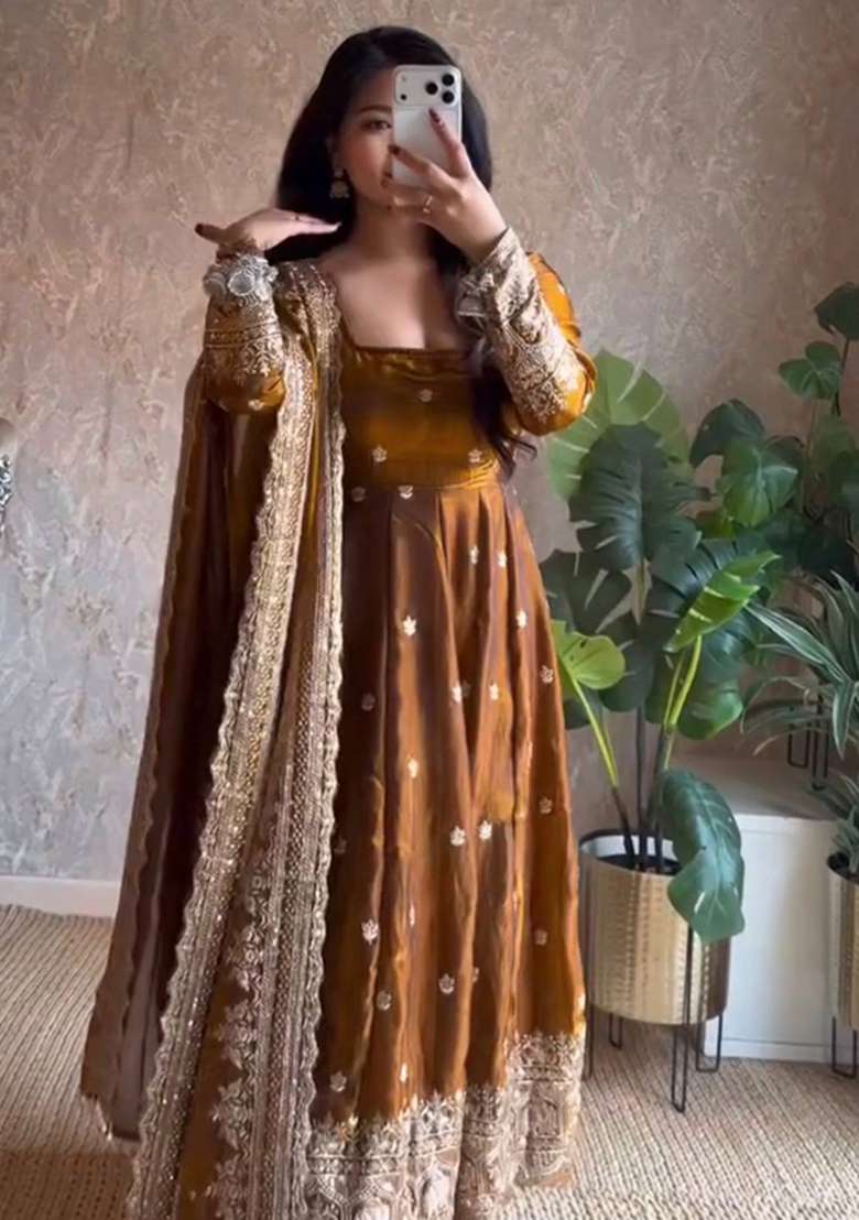 Mustard Embroidery Silk Gown Set - Indya