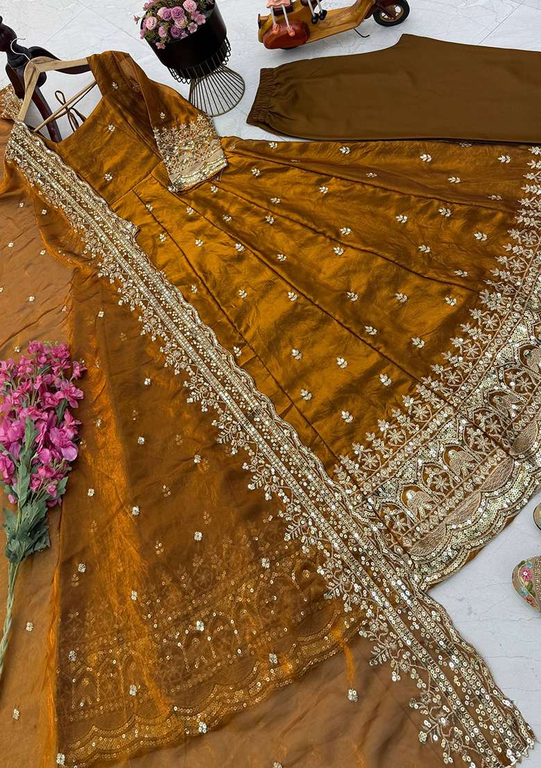 Mustard Embroidery Silk Gown Set - Indya