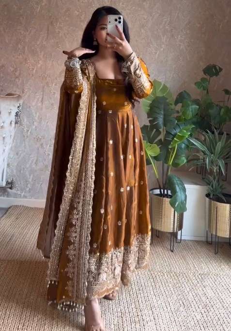 Mustard Embroidery Silk Gown Set