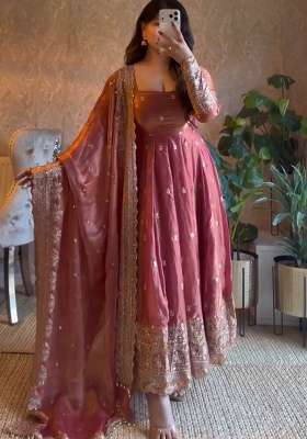 Peach Embroidery Silk Gown Set