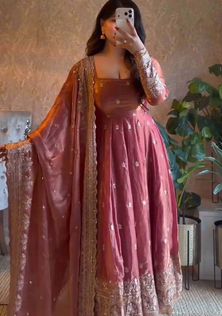 Peach Embroidery Silk Gown Set - Indya