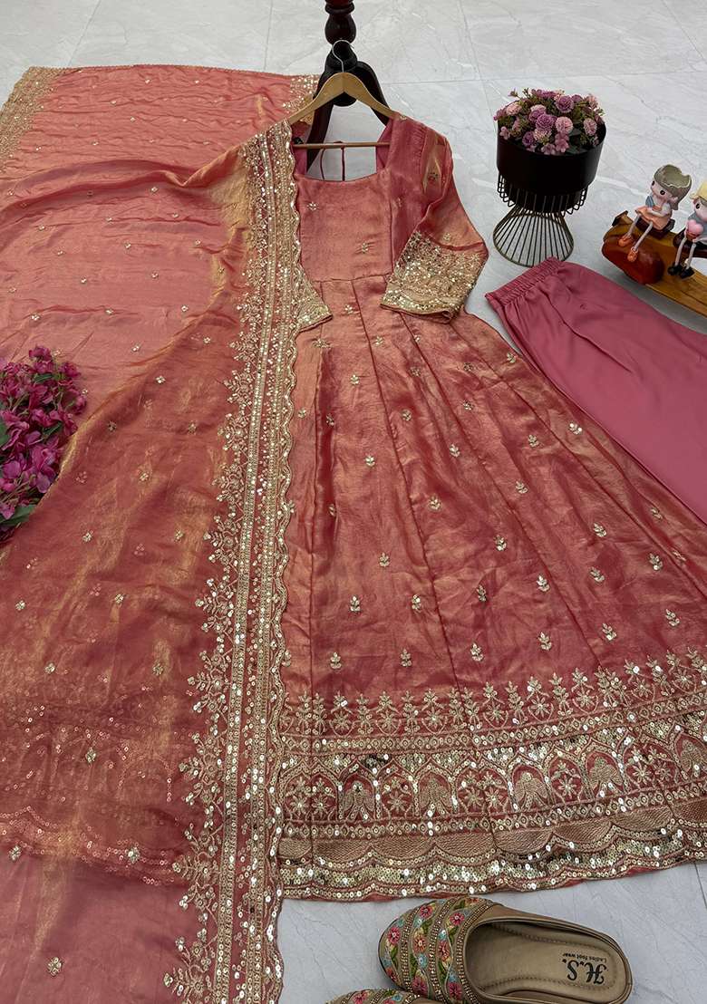 Peach Embroidery Silk Gown Set - Indya