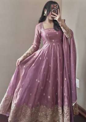 Baby Pink Embroidery Silk Gown Set