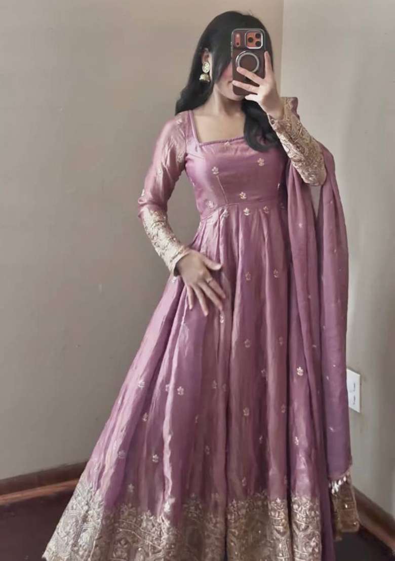 Baby Pink Embroidery Silk Gown Set - Indya
