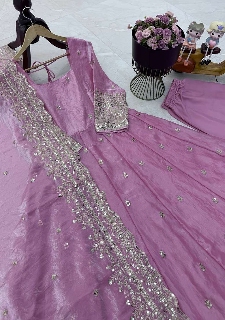 Baby Pink Embroidery Silk Gown Set - Indya