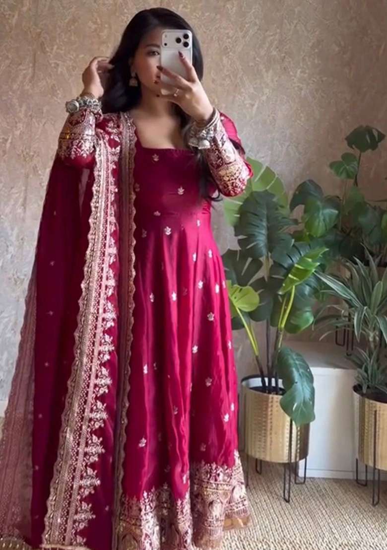 Pink Embroidery Silk Gown Set - Indya