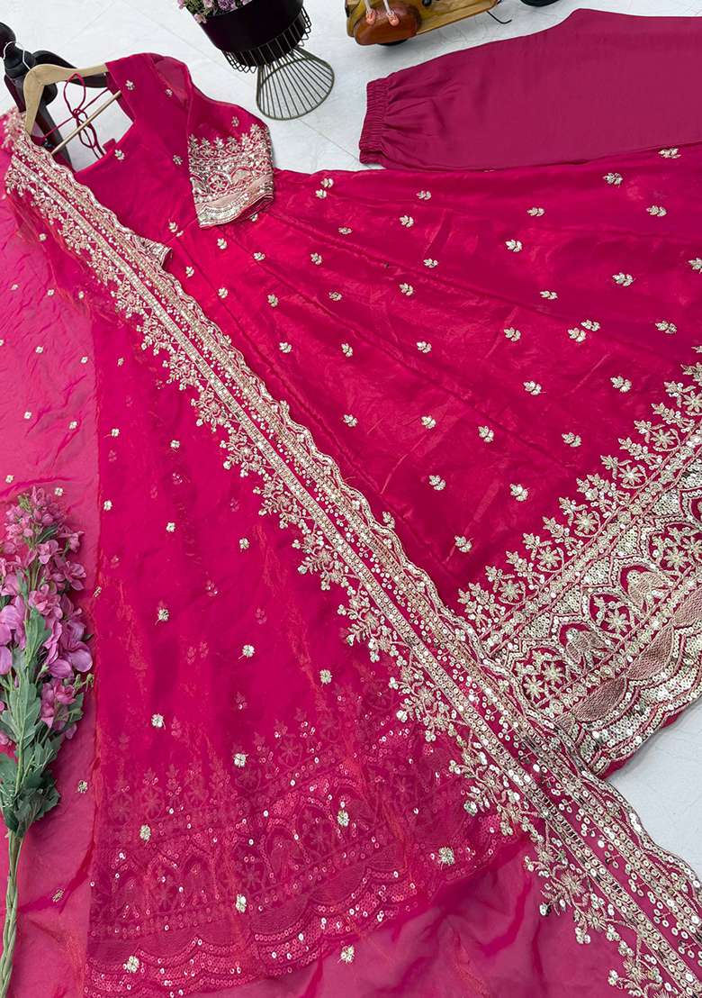Pink Embroidery Silk Gown Set - Indya