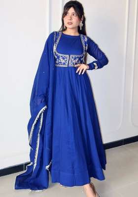 Blue Embroidery Chanderi Gown Set