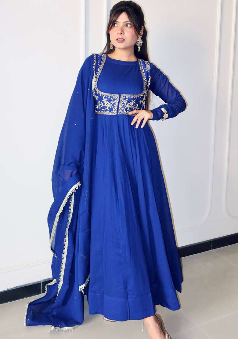 Blue Embroidery Chanderi Gown Set - Indya