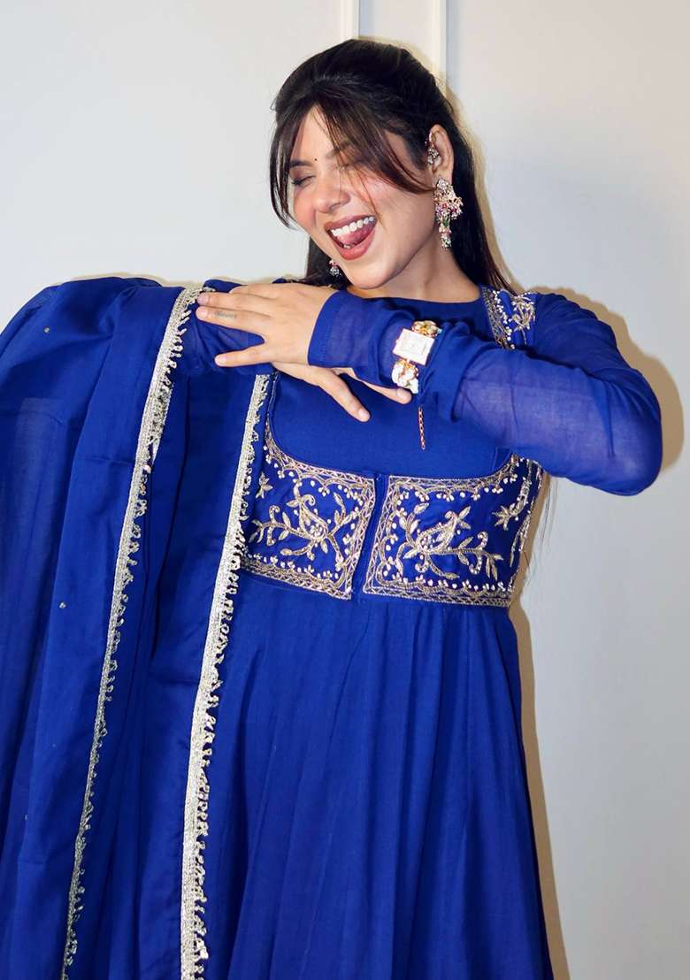 Blue Embroidery Chanderi Gown Set - Indya
