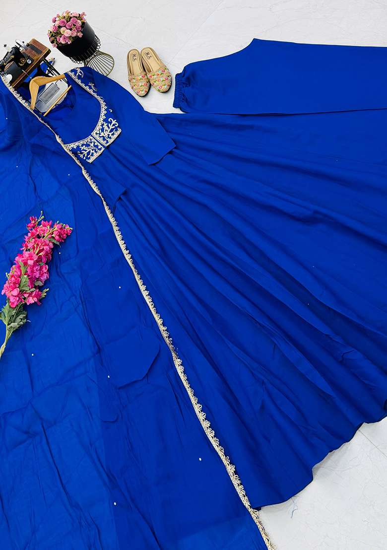 Blue Embroidery Chanderi Gown Set - Indya