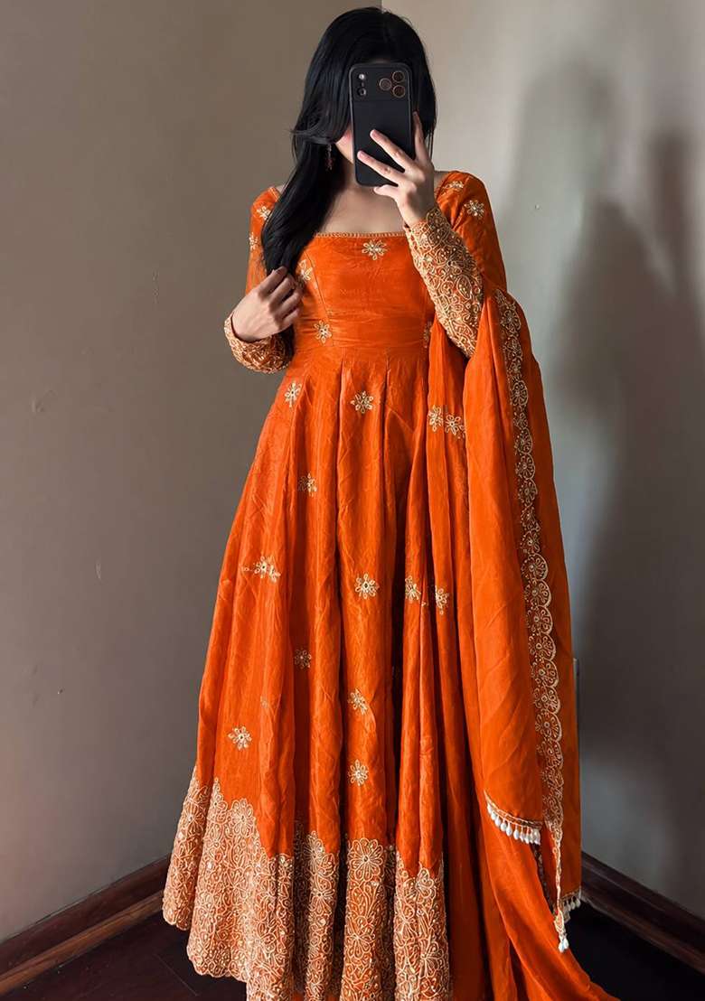 Orange Embroidery Silk Gown Set - Indya