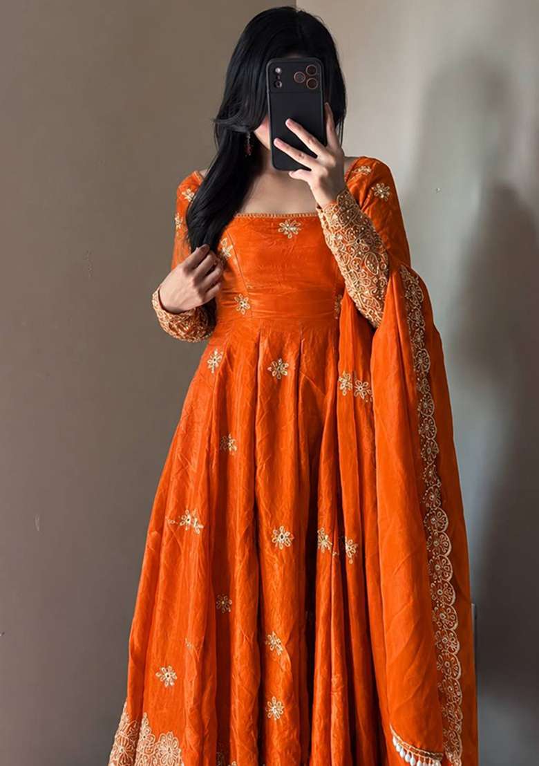 Orange Embroidery Silk Gown Set - Indya