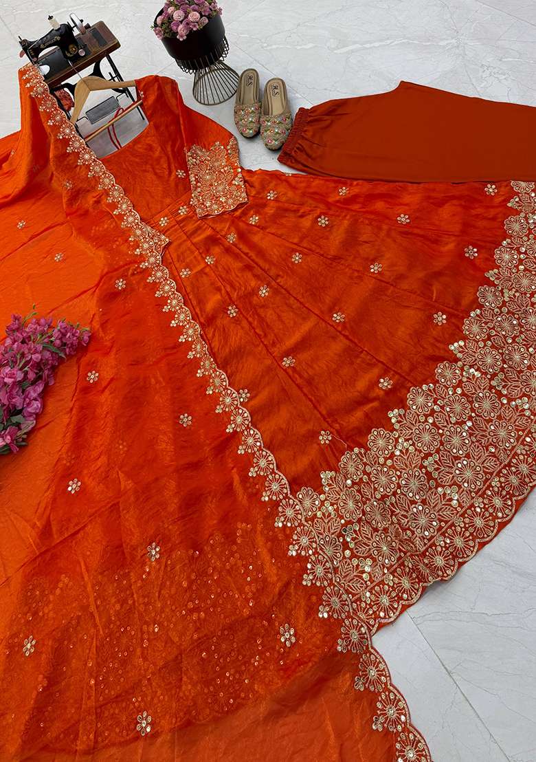 Orange Embroidery Silk Gown Set - Indya