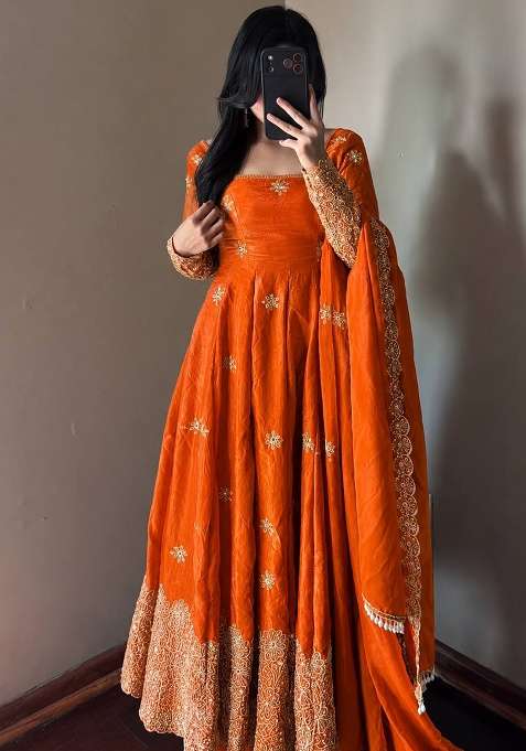 Orange Embroidery Silk Gown Set
