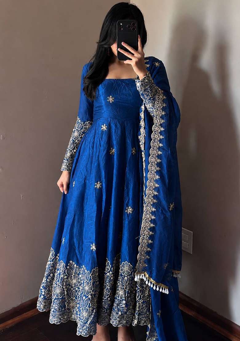 Blue Embroidery Silk Gown Set - Indya