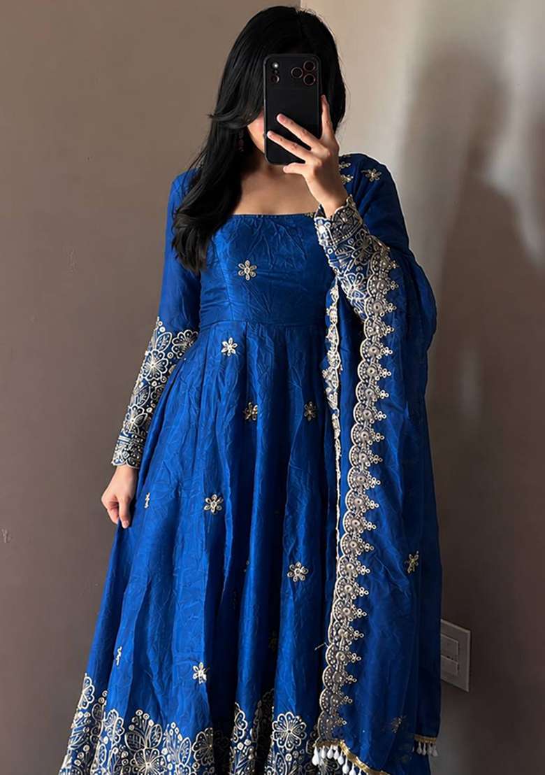Blue Embroidery Silk Gown Set - Indya
