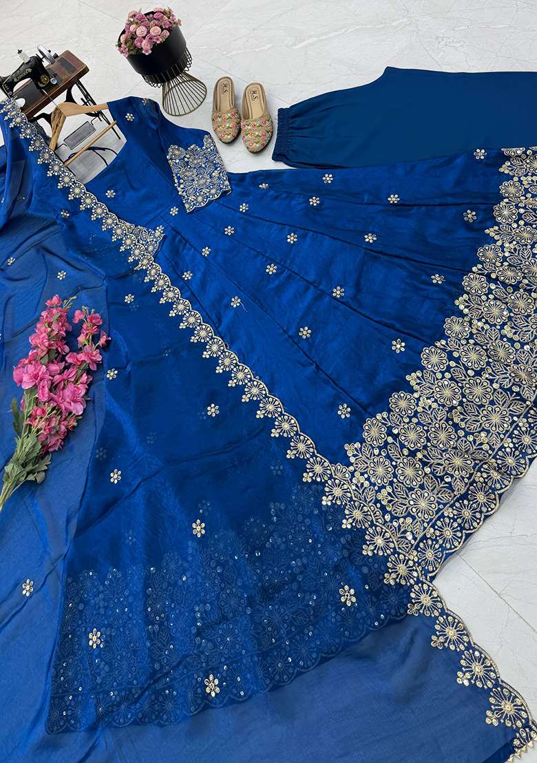 Blue Embroidery Silk Gown Set - Indya