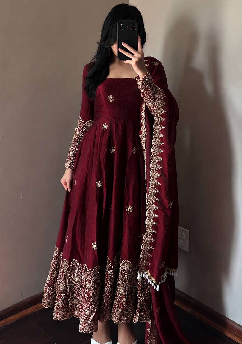 Maroon Embroidery Silk Gown Set - Indya