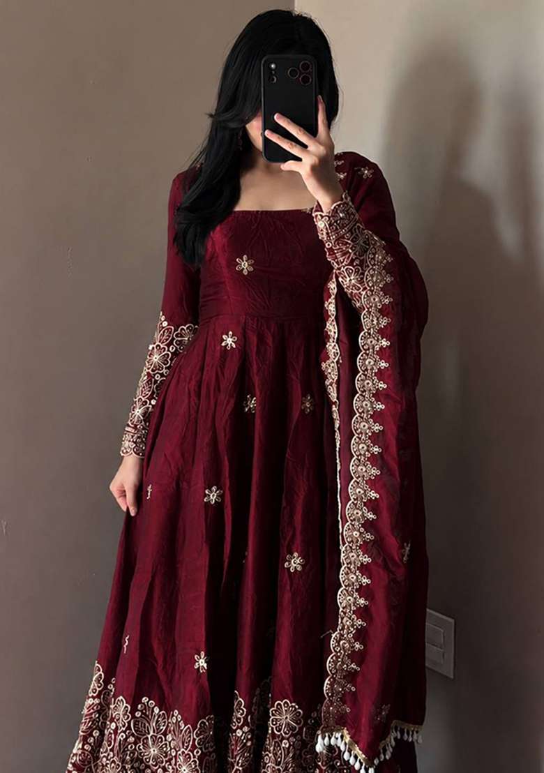 Maroon Embroidery Silk Gown Set - Indya