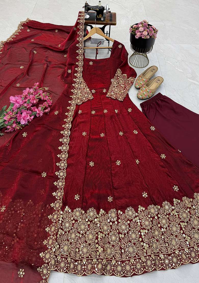 Maroon Embroidery Silk Gown Set - Indya