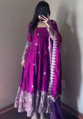 Wine Embroidery Silk Gown Set