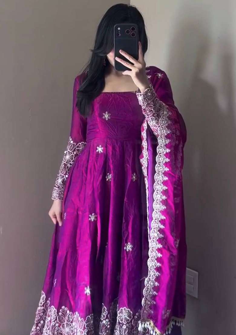 Wine Embroidery Silk Gown Set - Indya