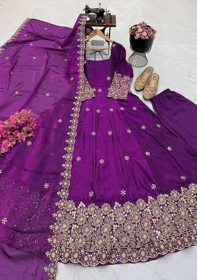 Wine Embroidery Silk Gown Set - Indya