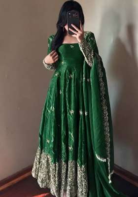 Green Embroidery Silk Gown Set