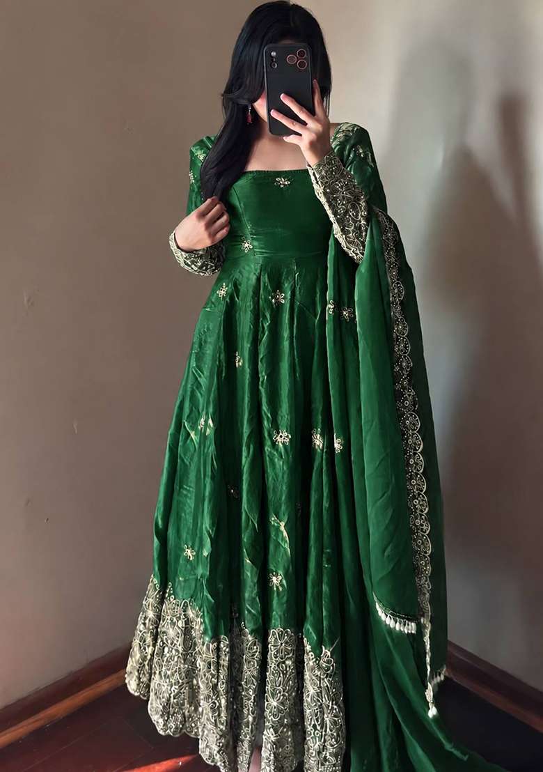 Green Embroidery Silk Gown Set - Indya
