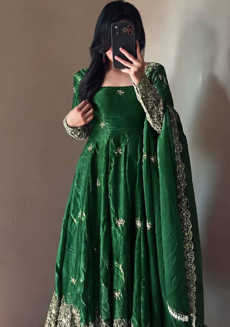 Green Embroidery Silk Gown Set - Indya