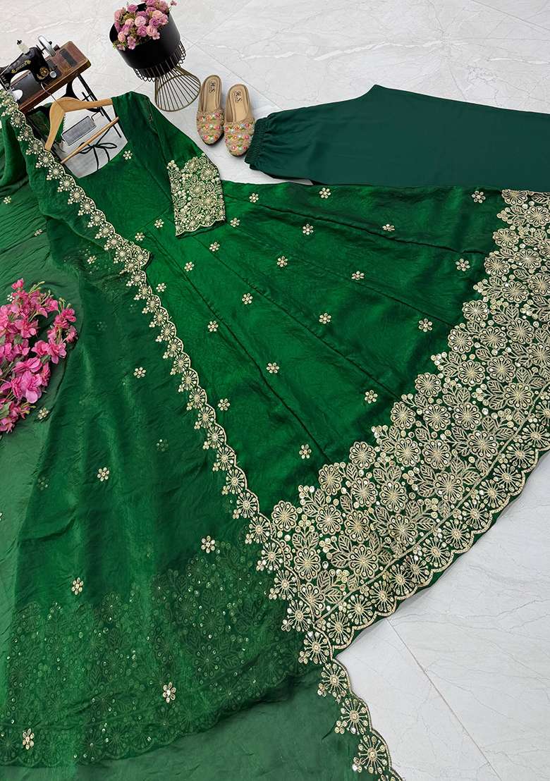 Green Embroidery Silk Gown Set - Indya