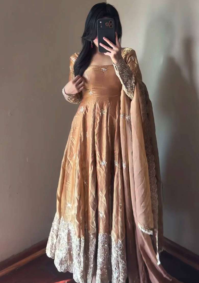 Nude Embroidery Silk Gown Set - Indya