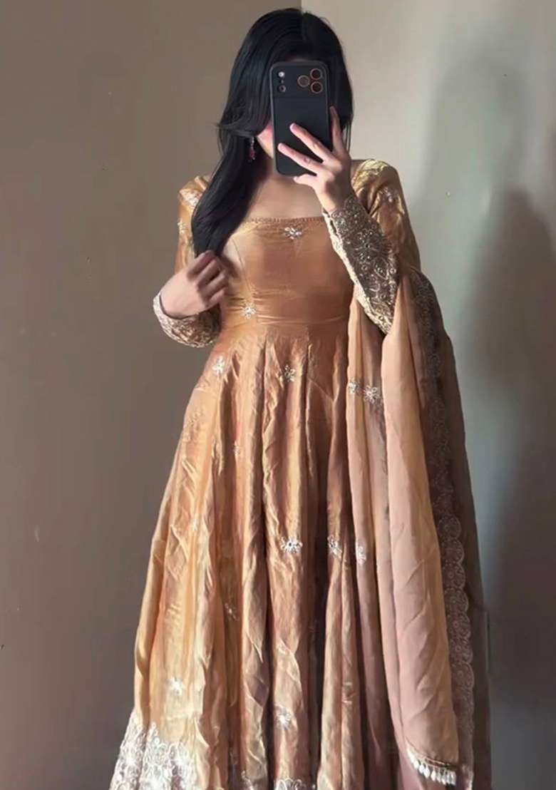 Nude Embroidery Silk Gown Set - Indya