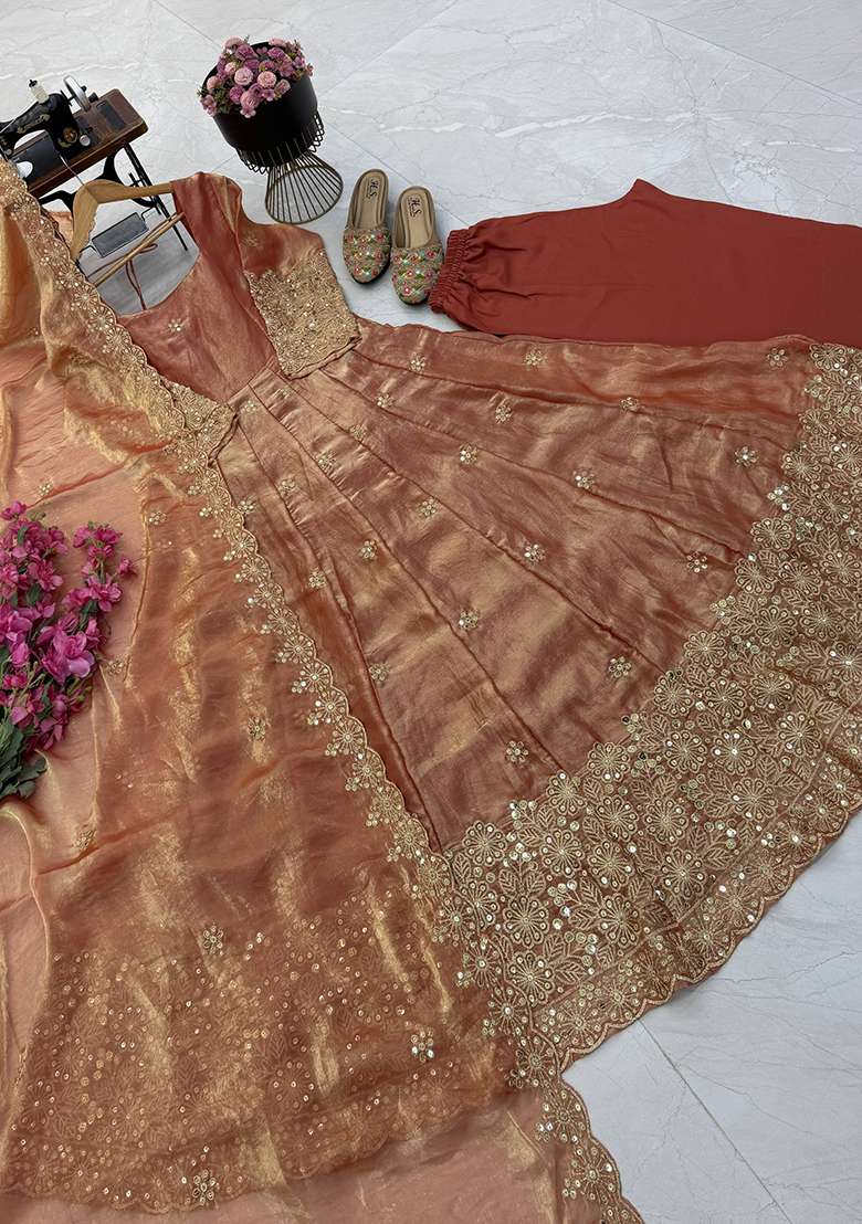 Nude Embroidery Silk Gown Set - Indya