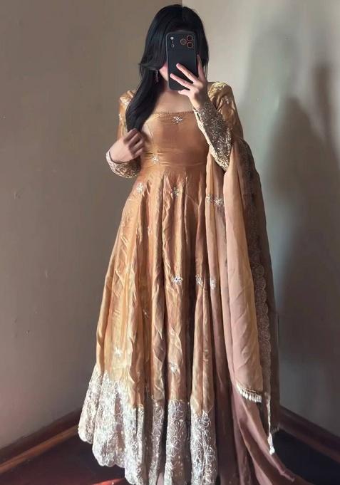Nude Embroidery Silk Gown Set