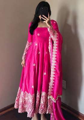 Pink Embroidery Silk Gown Set